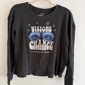 Anthropologie Black Long Sleeve Tee with Blue and White Design